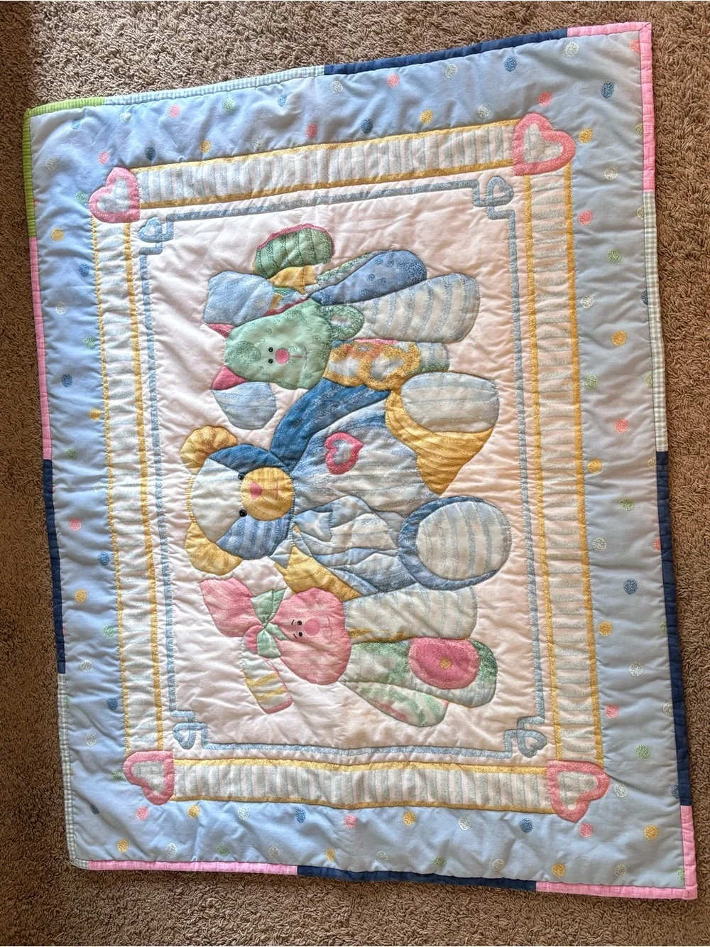 Pastel Teddy Patchwork Quilt - Nursery Plush Animal Design